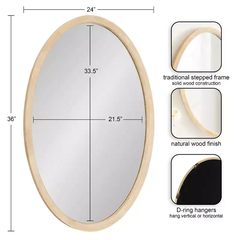 Wood Oval Framed Wall Mirror 24"x36"