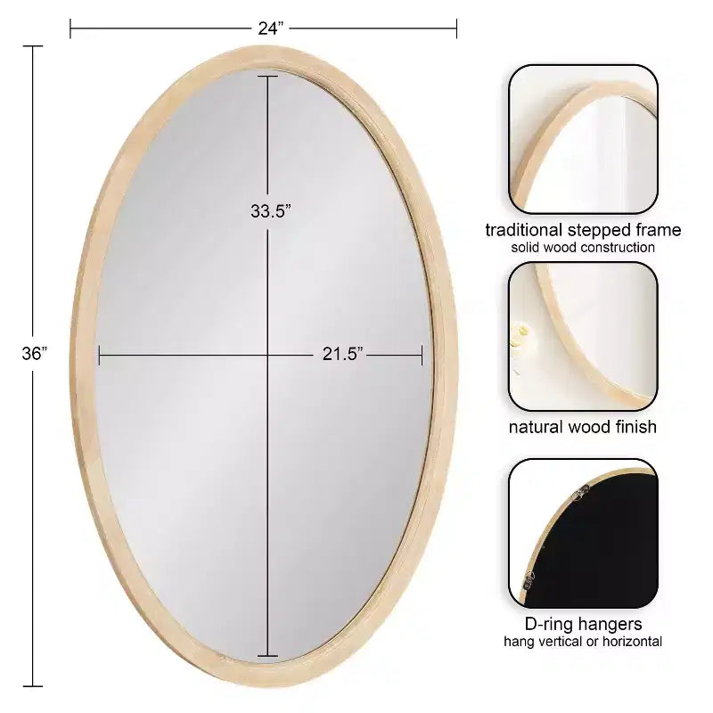 Wood Oval Framed Wall Mirror 24"x36"