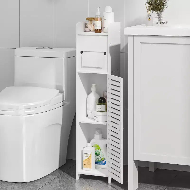 VECELO Bathroom Corner Shelf Storage, Waterproof Corner Cabinet with Toilet Paper Roll, Narrow Storage Organizer for Small Spaces, White