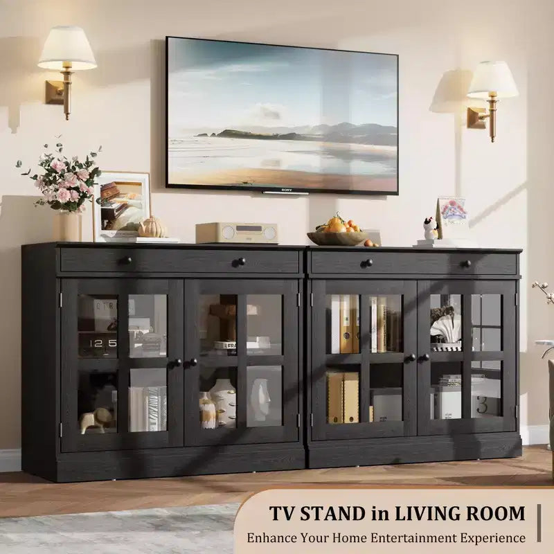 Wood Sideboard Buffet Cabinet 35.4" with Glass Door & Drawer