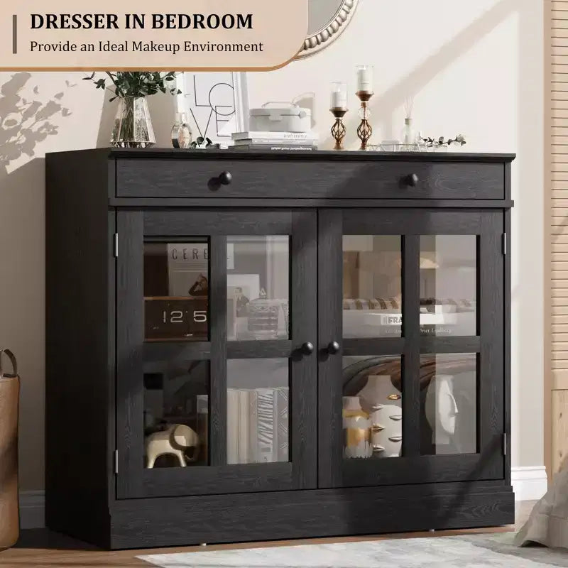 Wood Sideboard Buffet Cabinet 35.4" with Glass Door & Drawer