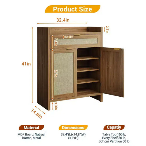 Engineered Wood Shoe Cabinet with Rattan Doors 32.4''W
