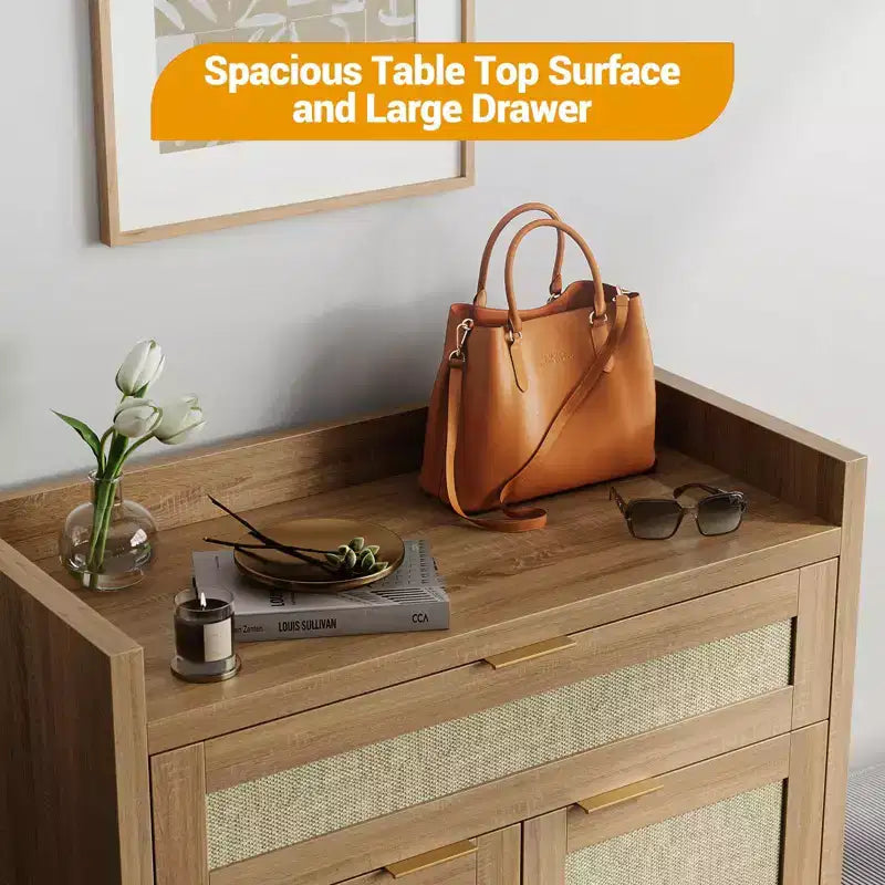 Engineered Wood Shoe Cabinet with Rattan Doors 32.4''W
