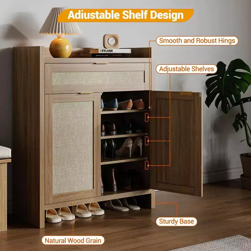 Engineered Wood Shoe Cabinet with Rattan Doors 32.4''W