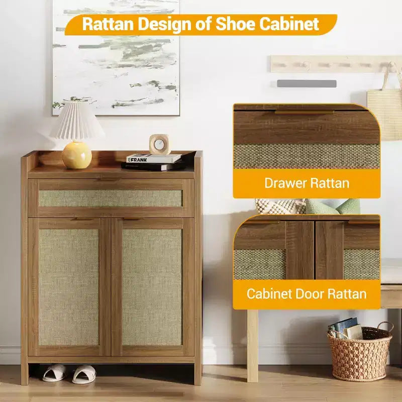 Engineered Wood Shoe Cabinet with Rattan Doors 32.4''W