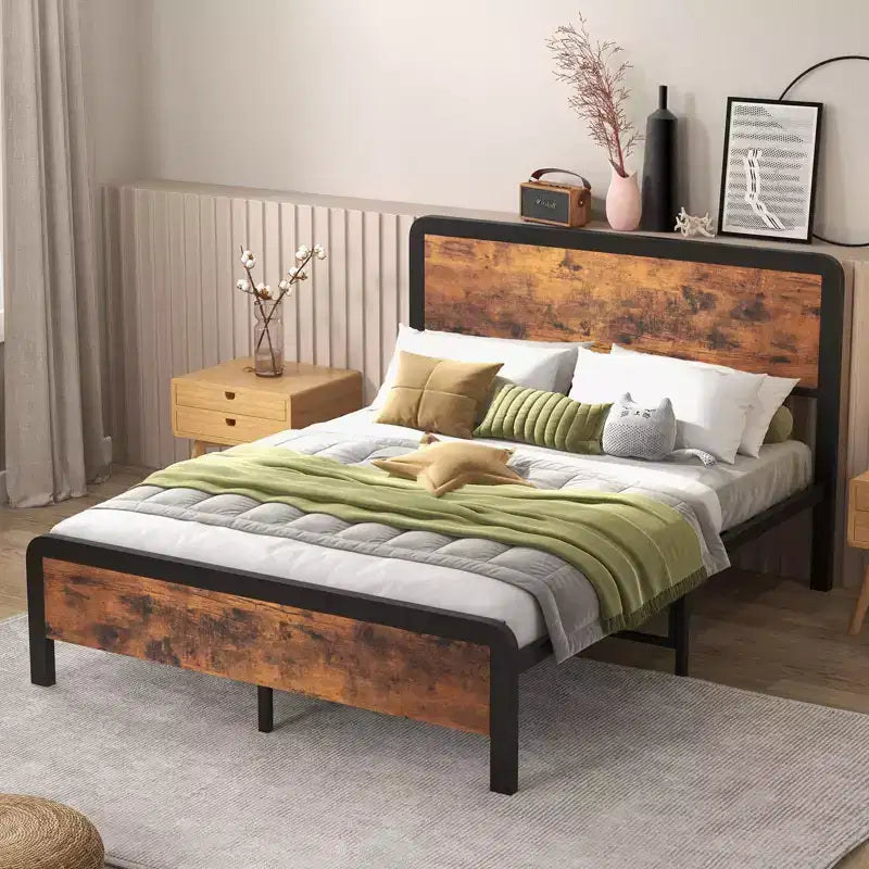 Metal Platform Bed Frame with Wood Headboard — Queen