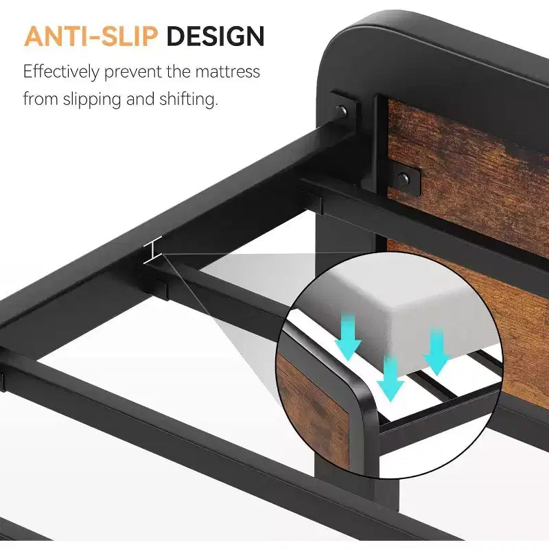 Metal Platform Bed Frame with Wood Headboard — Queen