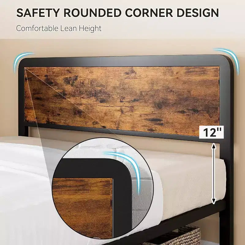 Metal Platform Bed Frame with Wood Headboard — Queen