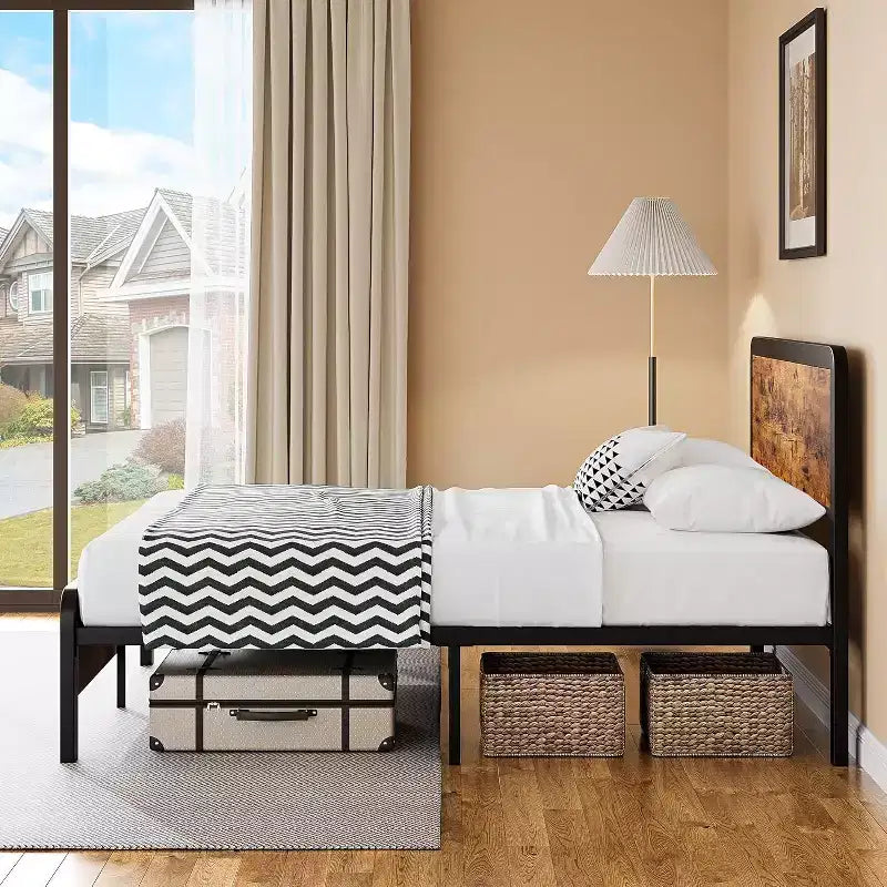 Metal Platform Bed Frame with Wood Headboard — Queen