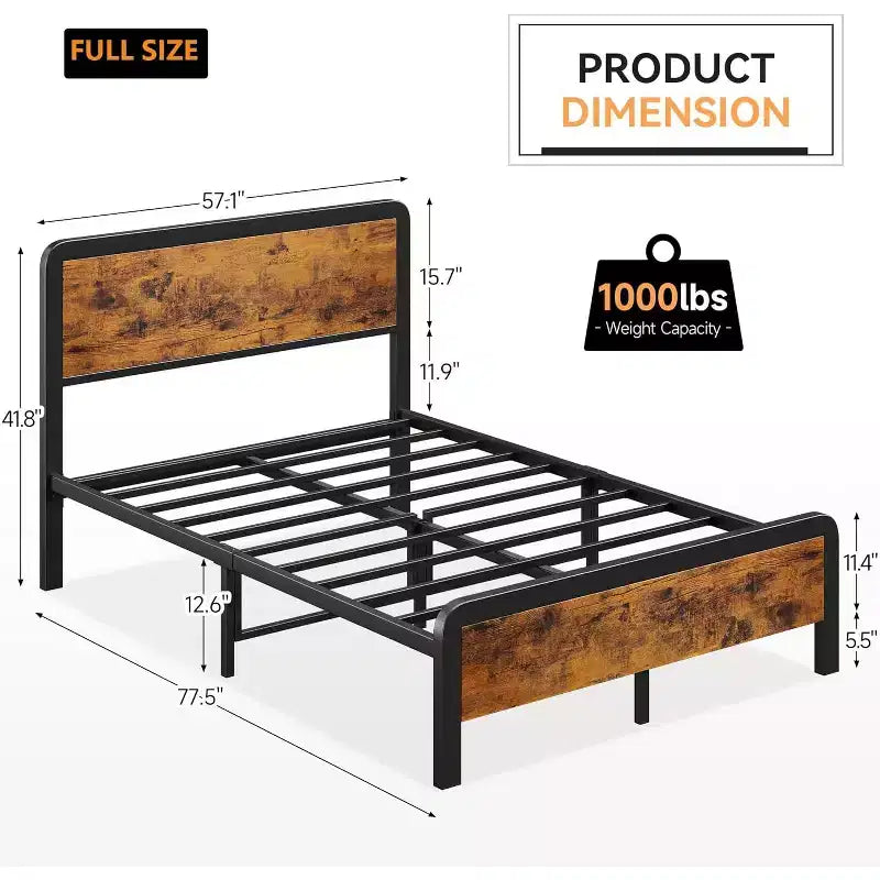 Metal Platform Bed Frame with Wood Headboard — Queen