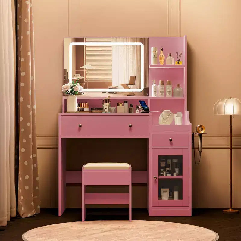 Wood Vanity Desk with Lighted Mirror & 2 Drawers