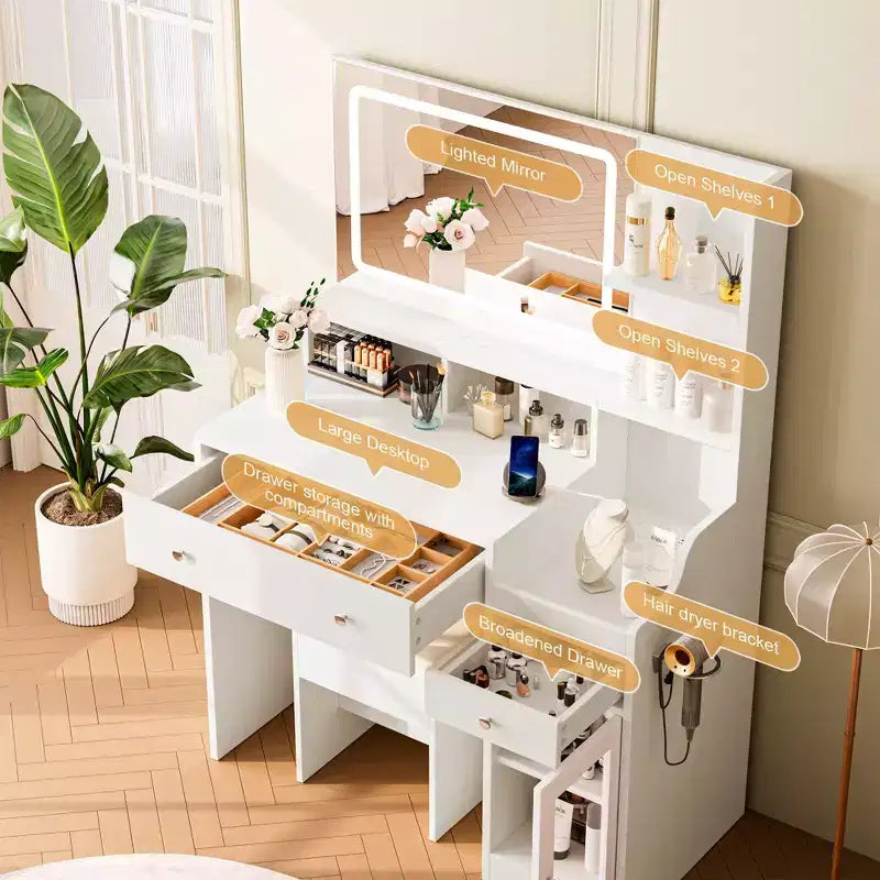 Wood Vanity Desk with Lighted Mirror & 2 Drawers