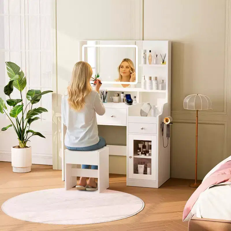 Wood Vanity Desk with Lighted Mirror & 2 Drawers