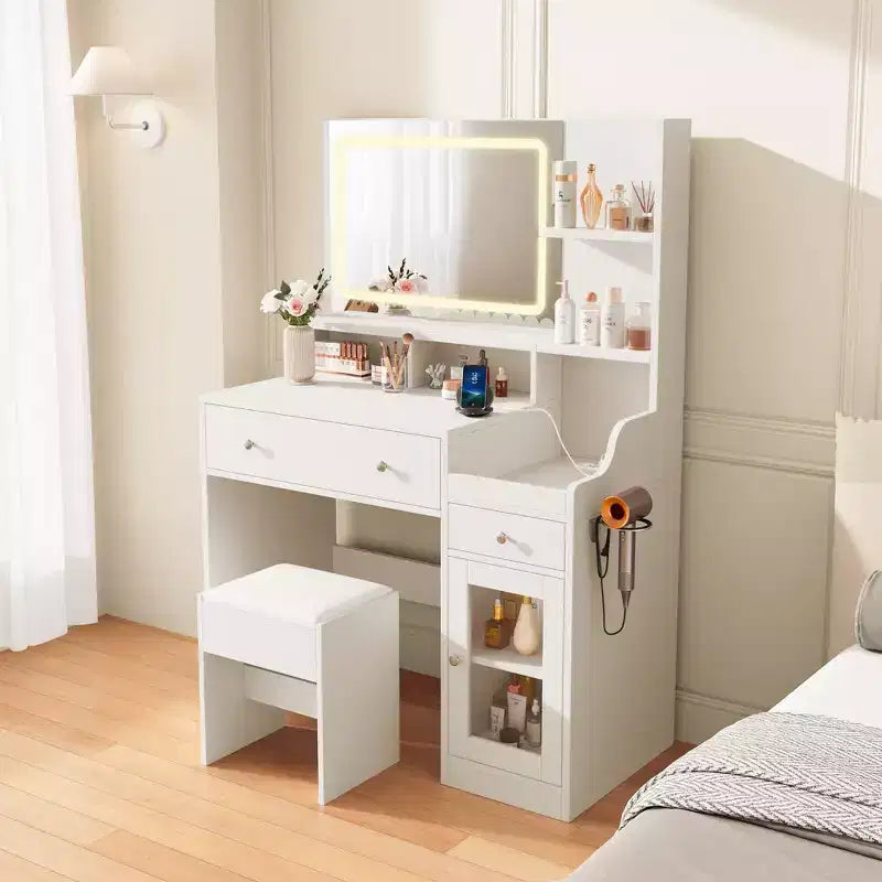 Wood Vanity Desk with Lighted Mirror & 2 Drawers