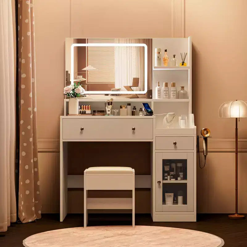 Wood Vanity Desk with Lighted Mirror & 2 Drawers