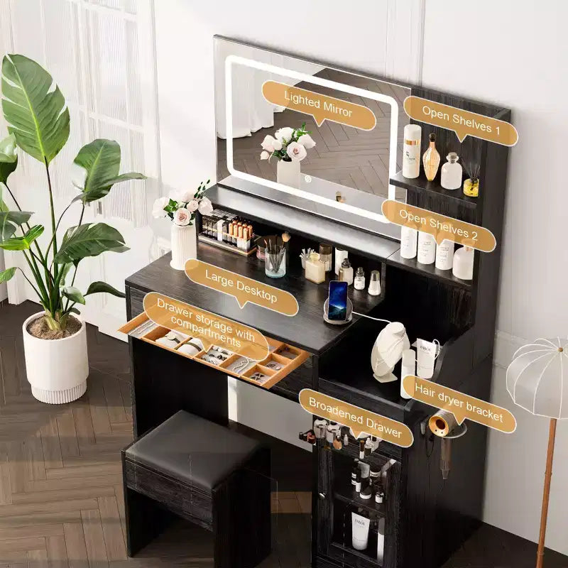 Wood Vanity Desk with Lighted Mirror & 2 Drawers