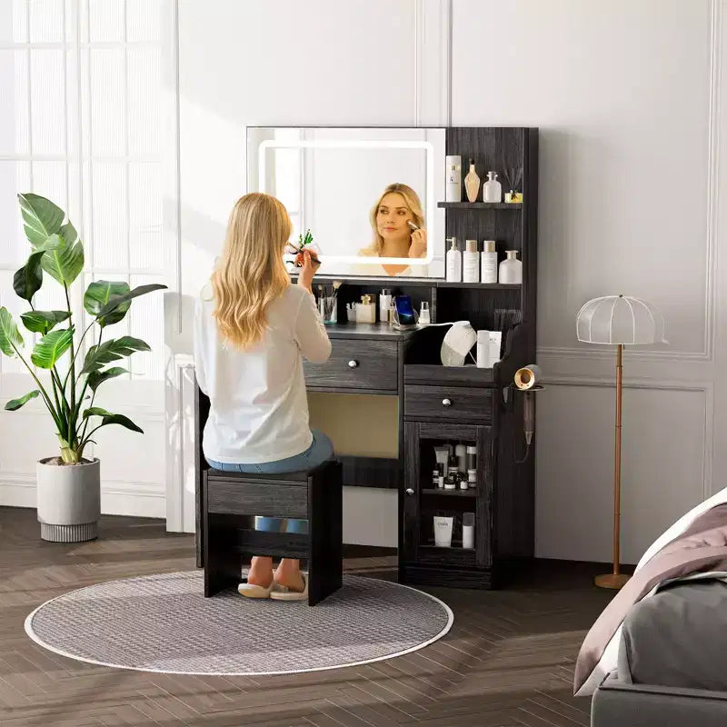 Wood Vanity Desk with Lighted Mirror & 2 Drawers