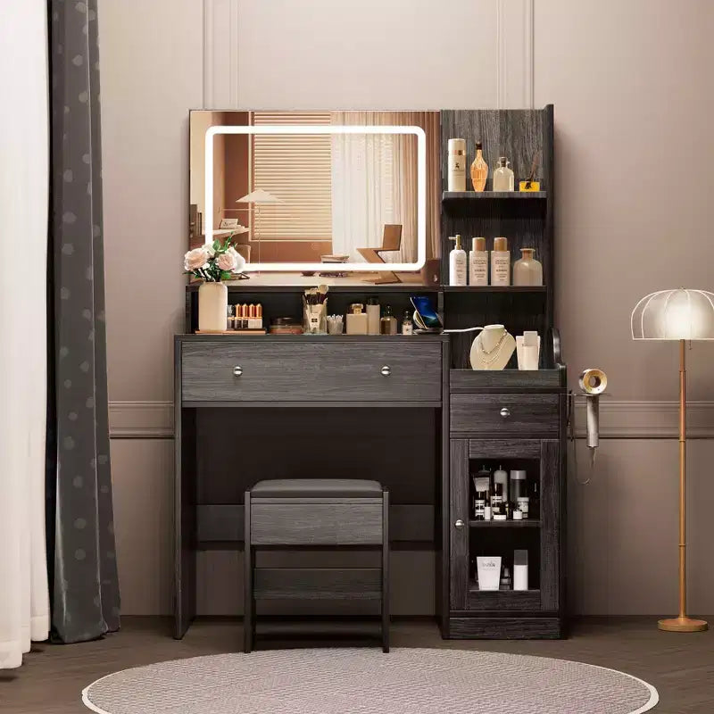 Wood Vanity Desk with Lighted Mirror & 2 Drawers