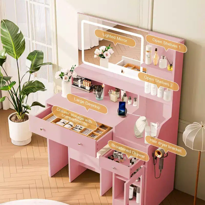 Wood Vanity Desk with Lighted Mirror & 2 Drawers