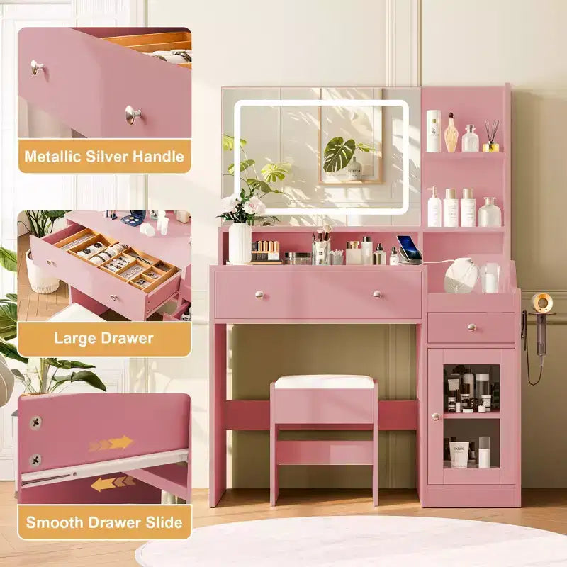 Wood Vanity Desk with Lighted Mirror & 2 Drawers