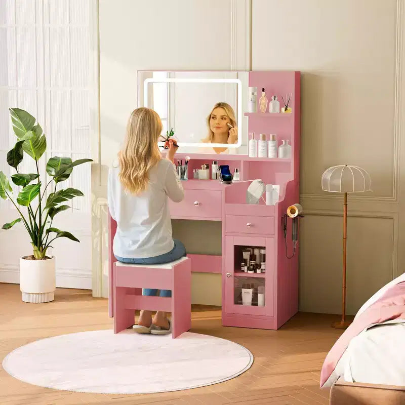 Wood Vanity Desk with Lighted Mirror & 2 Drawers