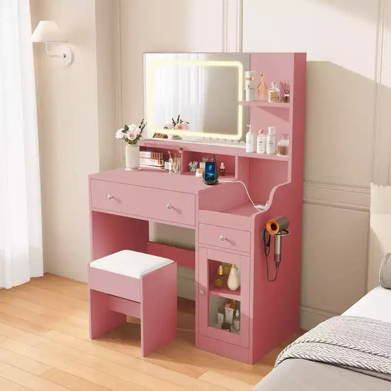Wood Vanity Desk with Lighted Mirror & 2 Drawers