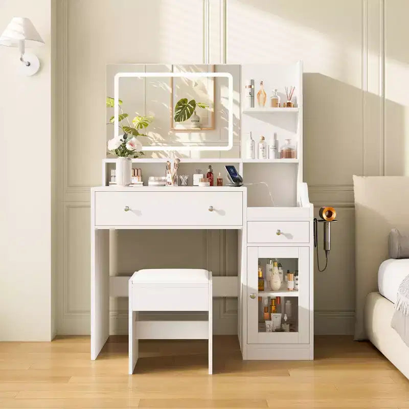 Wood Vanity Desk with Lighted Mirror & 2 Drawers