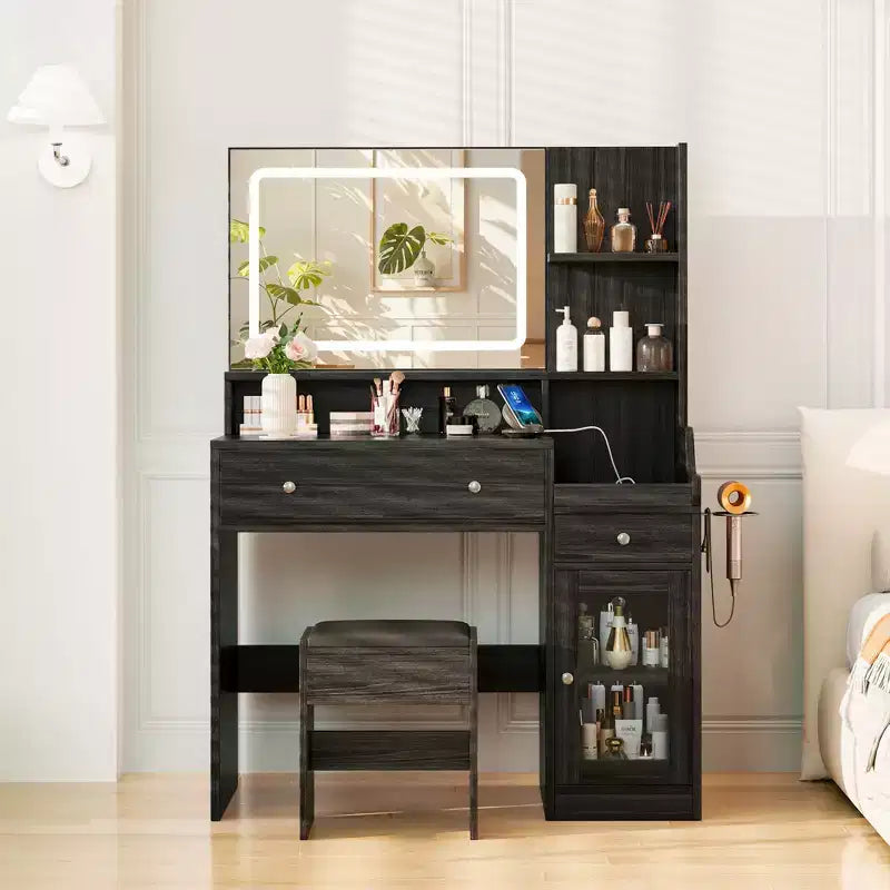 Wood Vanity Desk with Lighted Mirror & 2 Drawers