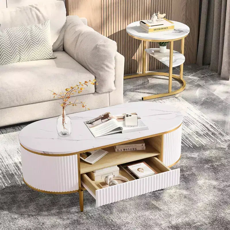 Faux Marble & Metal Oval Coffee Table 47.24" with Storage