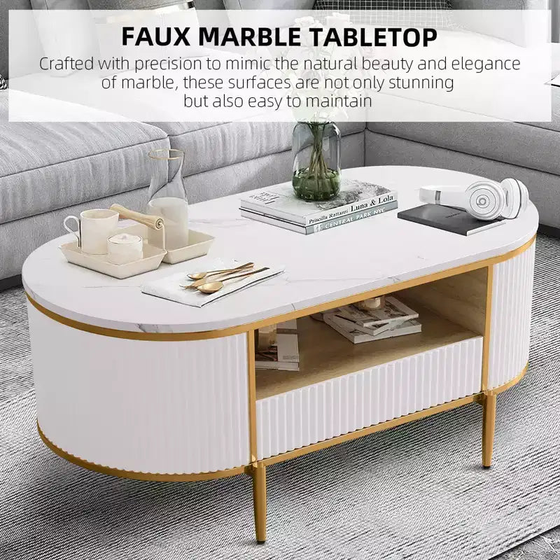 Faux Marble & Metal Oval Coffee Table 47.24" with Storage