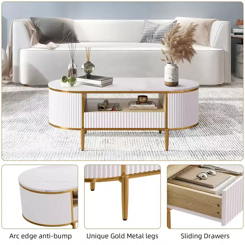 Faux Marble & Metal Oval Coffee Table 47.24" with Storage