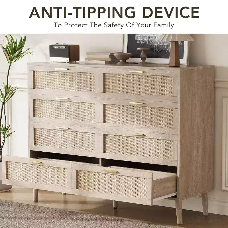 Rattan & Wood 8-Drawer Dresser with Gold Handles