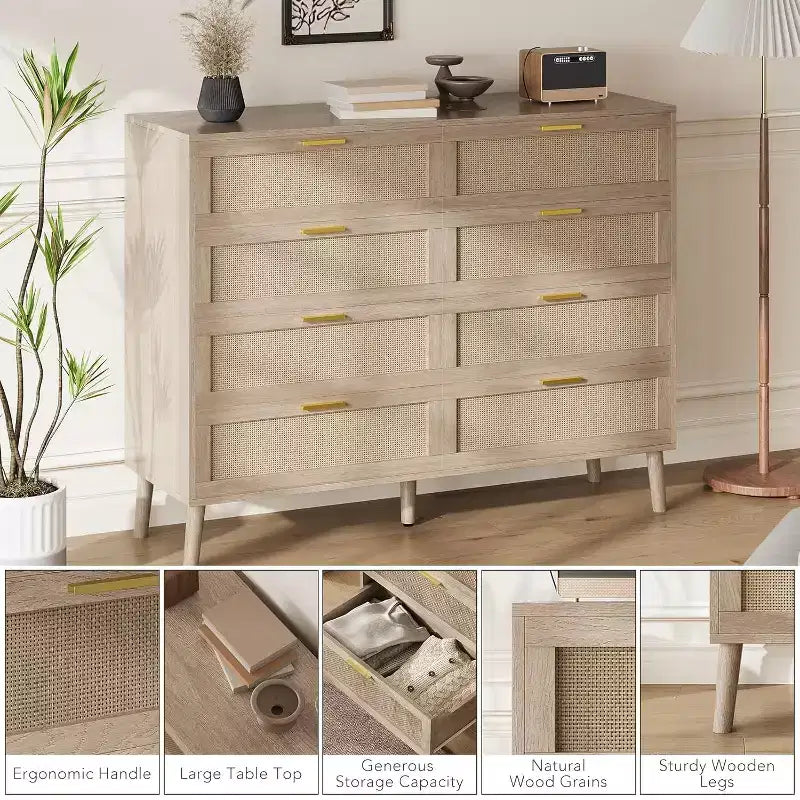 Rattan & Wood 8-Drawer Dresser with Gold Handles