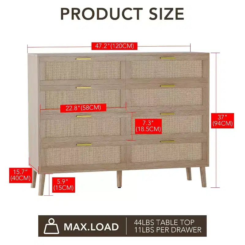 Rattan & Wood 8-Drawer Dresser with Gold Handles