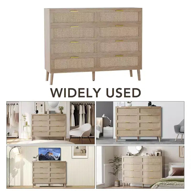 Rattan & Wood 8-Drawer Dresser with Gold Handles