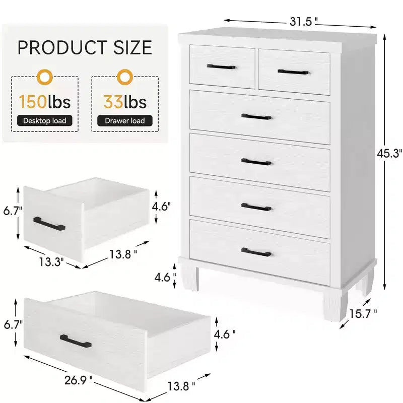 Wood 6-Drawer Dresser 45"H