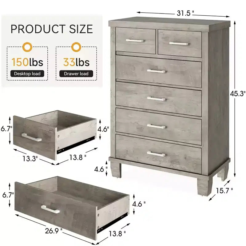 Wood 6-Drawer Dresser 45"H
