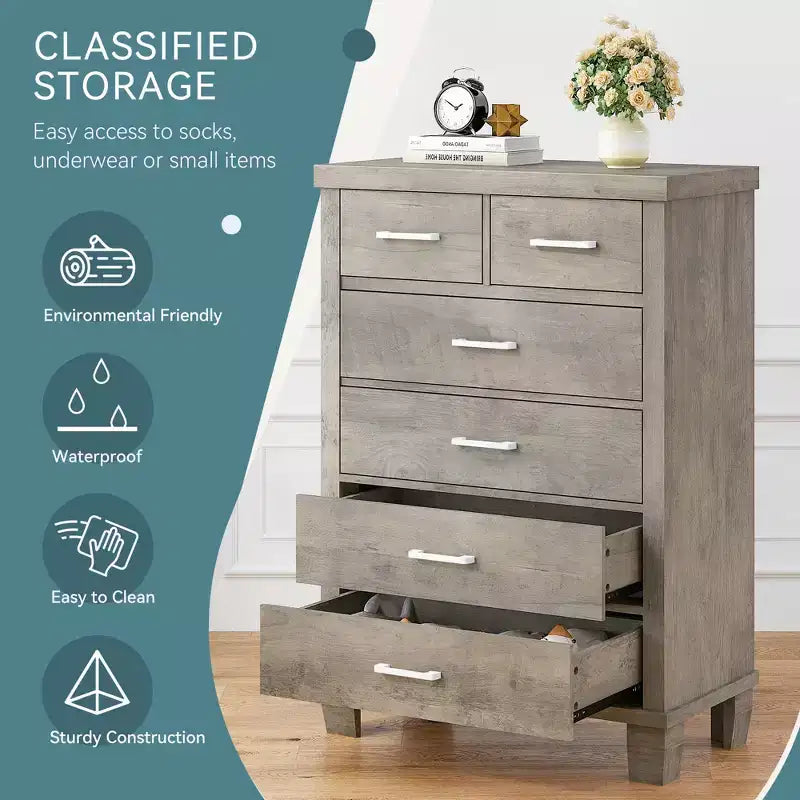 Wood 6-Drawer Dresser 45"H
