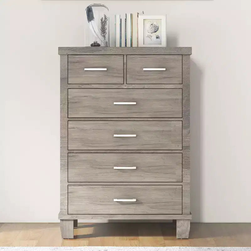 Zstar Modern 6-Drawer Dresser,45 Tall Grey Wooden Chest with Large Storage Drawers for Bedroom, Closet & Entryway