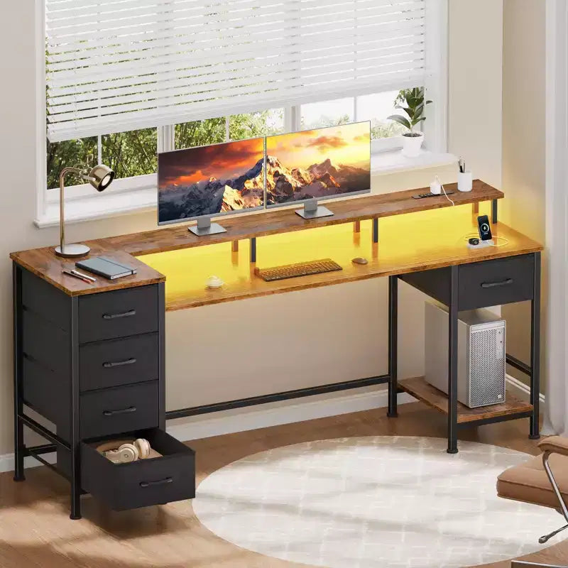 Wood Computer Desk 61" with Charging Station, LED Lights & 5 Drawers