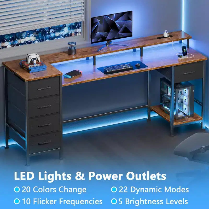 Wood Computer Desk 61" with Charging Station, LED Lights & 5 Drawers