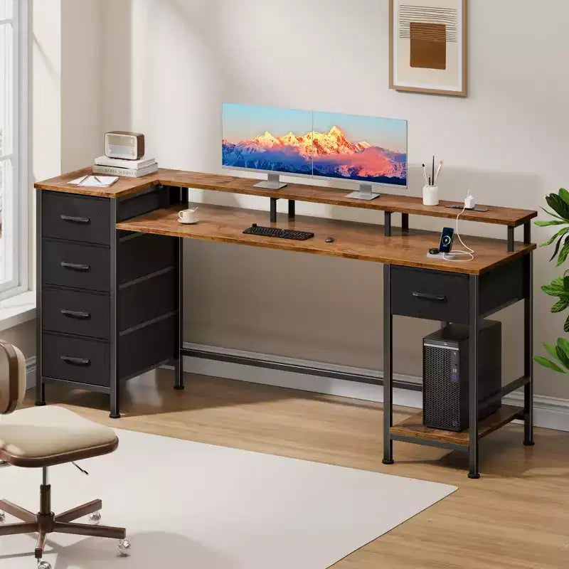 Wood Computer Desk 61" with Charging Station, LED Lights & 5 Drawers