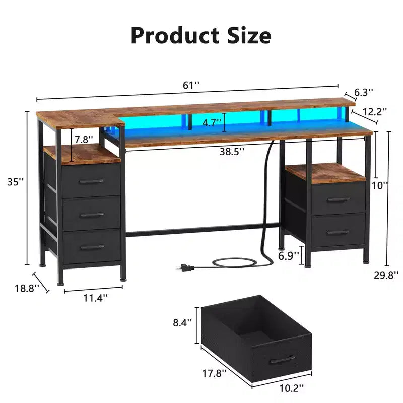 Wood Computer Desk 61" with Charging Station, LED Lights & 5 Drawers