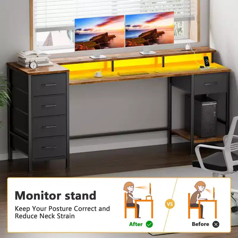 Wood Computer Desk 61" with Charging Station, LED Lights & 5 Drawers
