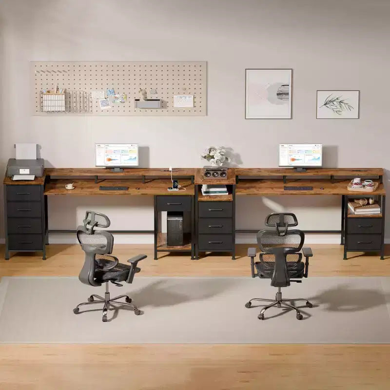Wood Computer Desk 61" with Charging Station, LED Lights & 5 Drawers