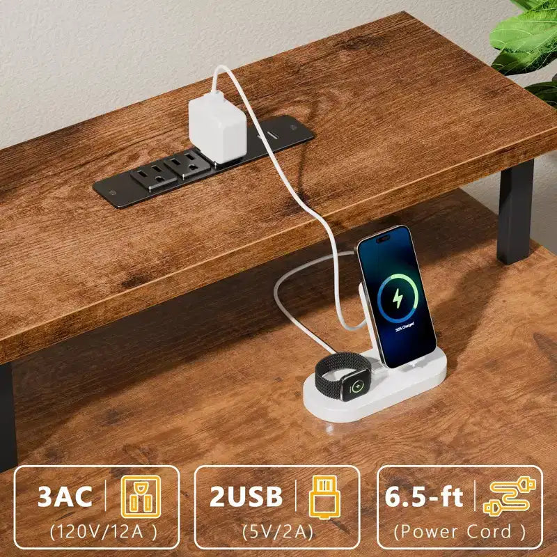 Wood Computer Desk 61" with Charging Station, LED Lights & 5 Drawers