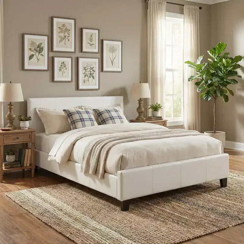 Faux Leather Platform Bed Frame with Adjustable Headboard Queen