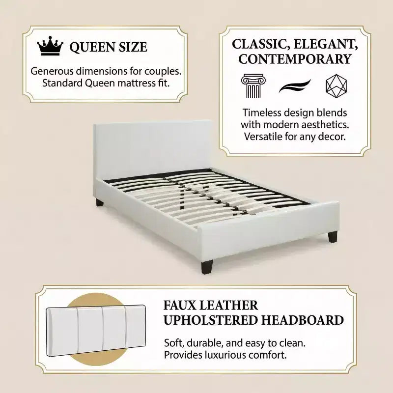 Faux Leather Platform Bed Frame with Adjustable Headboard Queen