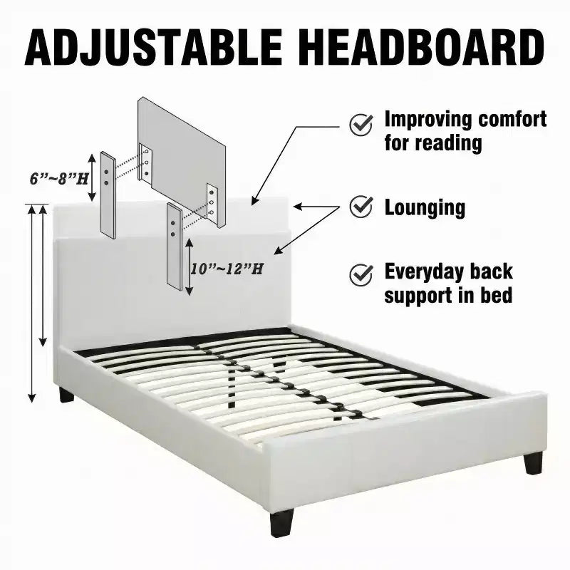 Faux Leather Platform Bed Frame with Adjustable Headboard Queen