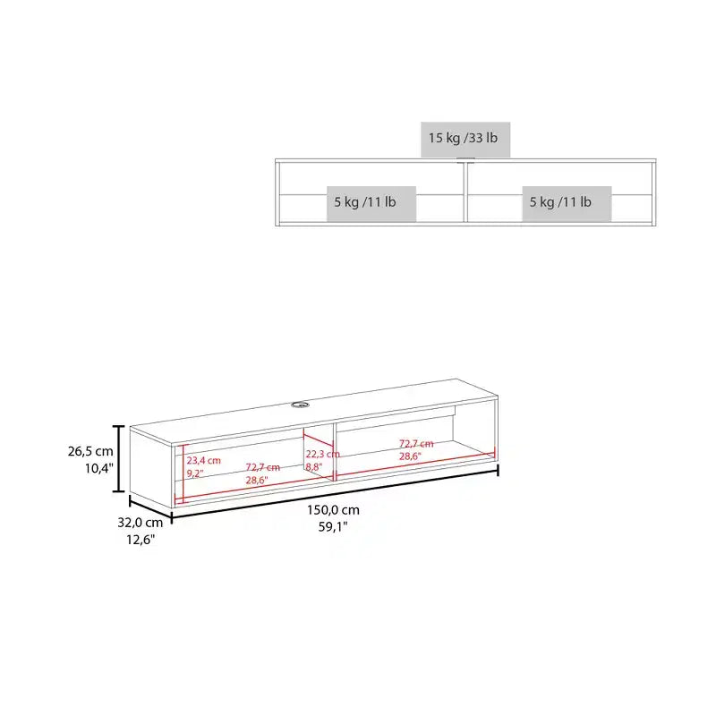 Wood Floating TV Stand 59" with 2-Tier Shelves